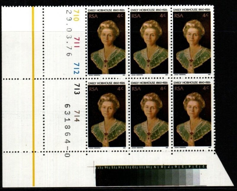 SOUTH AFRICA SG408 1976 50TH DEATH ANNIV OF EMILY HOBHOUSE BLOCK OF 6 MNH