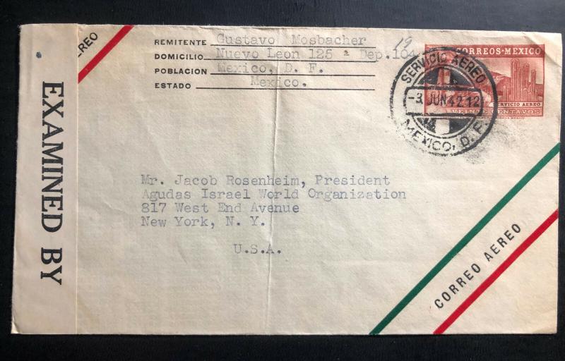 1942 Mexico City Mexico Airmail Censored Cover to New York USA Judaica