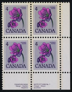 Canada 709 BR Plate Block MNH Flowers, Hepatica