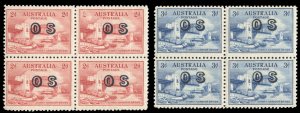 Australia #O12-13 Cat$125+ (for hinged), 1932 2p and 3p, blocks of four, neve...