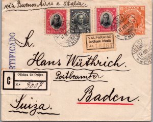 SCHALLSTAMPS CHILE 1915 WWI REG COVER ADDR SUISSE VIA LOS ANDES CANC VALDIVIA