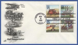 US 1989 Sc 2437a Traditional Mail Delivery block FDC, Stagecoach, Boat, Airplane