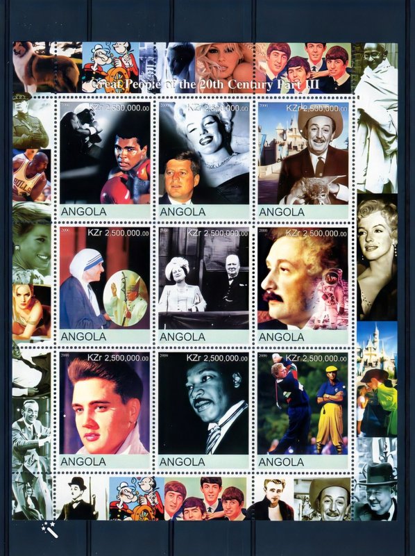 Angola 2000 Great People of 20th.MARILYN-THE BEATLES-EINSTEIN SPACE Shlt.(9) MNH