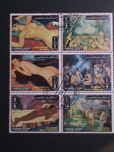 AJMAN-1972 COLORFUL FAMOUS NUDE ARTS PAINTING CTO BLOCK VERY FINE