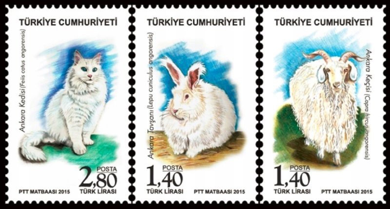 Turkey 2015 MNH Stamps Scott 3480-3482 Animals Sheep Cat Rabbit