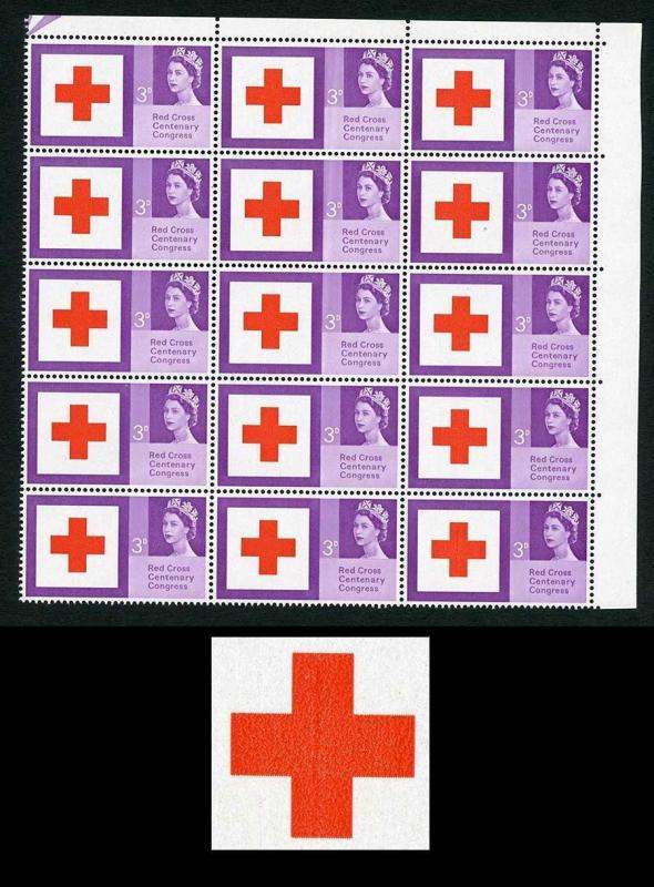 Spec W37b 1963 3d Red Cross with Repaired cross Block of 15 U/M 