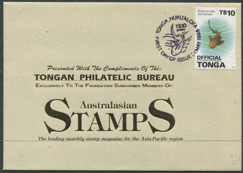 Tonga official 1996 SGO260 $10 Variegated Shark FDC