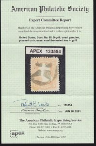 US 85 3c Washington Used D Grill F-VF appr w/ 4 Pt Star Can & APS Cert SCV $1050 