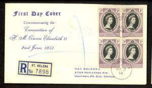 ST HELENA 1953 QE2 CORONATION BLOCK OF 4 on REG Cachet FDC to CANADA Sc139