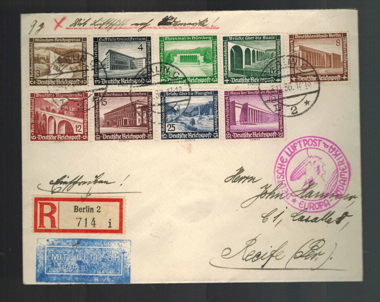 1936 Germany Hindenburg Zeppelin cover to Recife Brazil LZ 129 6th SAF ...
