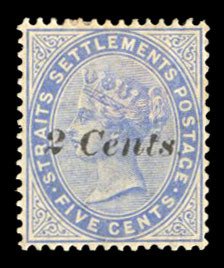 Straits Settlements #72 Cat$50, 1887 2c on 5c ultramarine, hinge remnant, han...