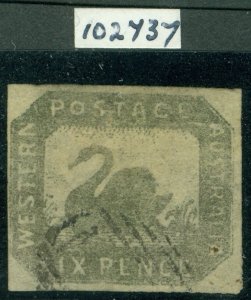 SG 19 Western Australia 1857. 6d grey-black. Very fine used with 4 clear to...