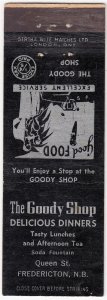 Canada Revenue 1/5¢ Excise Tax Matchbook THE GOODY SHOP Fredericton, N.B.