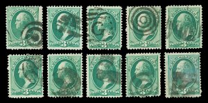 Scott 184 3c Green Washington 10 Copies with Various Cancels