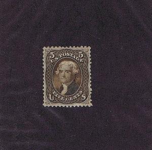 SC# 76 UNUSED ORIG GUM 5 CENT JEFFERSON, 1863, WELL CENTERED, LT CREASE, GOOD CV