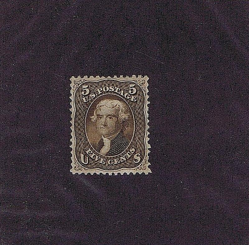 SC# 76 UNUSED ORIG GUM 5 CENT JEFFERSON, 1863, WELL CENTERED, LT CREASE, GOOD CV