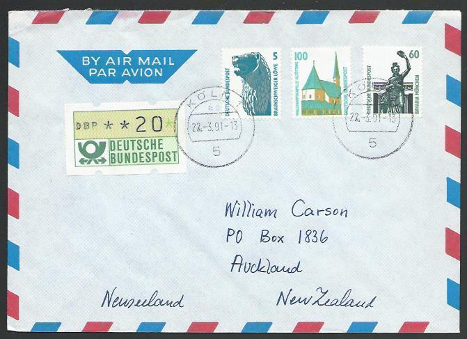 GERMANY 1991 airmail cover to New Zealand - nice franking..................11241