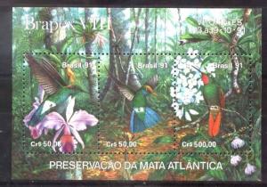 BRASIL BRAZIL 1991 MATA ATLANTICA FLORA FLOWERS FAUNA BIRDS  S/S YV BL 85 MI 86