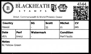 4144: Hawaii  6c Yellow-Green. 1871. Sc#33 Mi21 Perf Faults. C£45