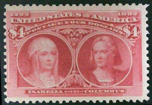 US Scott #244 - $4 Columbus  - Crimson Lake - F/VF - OG - 1893 - PSE Cert