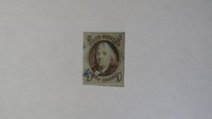 US Scott #1 Used Blue Cancel - 4 Margins 5c Ben Franklin Sound Stamp