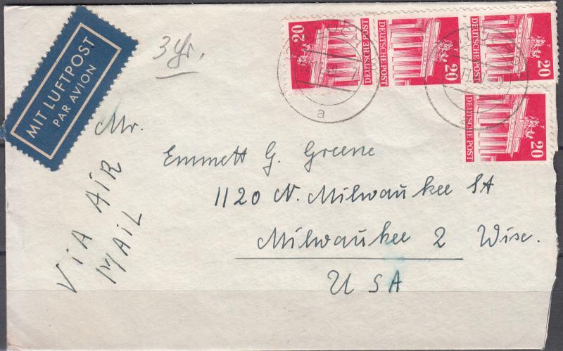 Germany - 2.11.1949 20pf Bauten Buildings as MeF on cover to USA (2186)