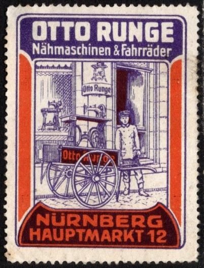 Vintage Germany Poster Stamp Otto Runge Sewing Machines & Bicycles Nurnberg