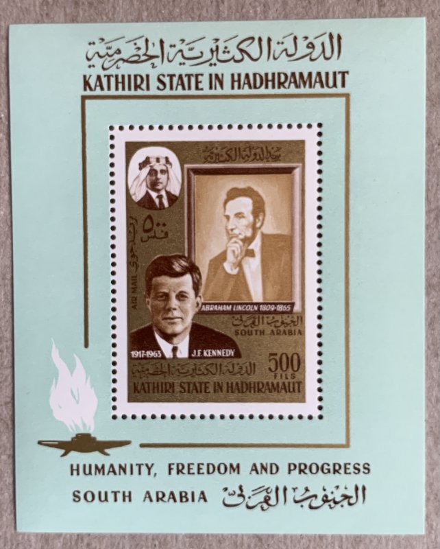 Aden Kathiri 1967 JFK Kennedy + Lincoln MS, MNH. Michel BL 14A, CV €12.00