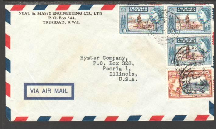 Trinidad and Tobago to Peoria IL 1955 Airmail Cover 