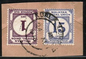 MALAYA POSTAL UNION 1945 1c & 15c Postage dues used on piece ex KL.........10533