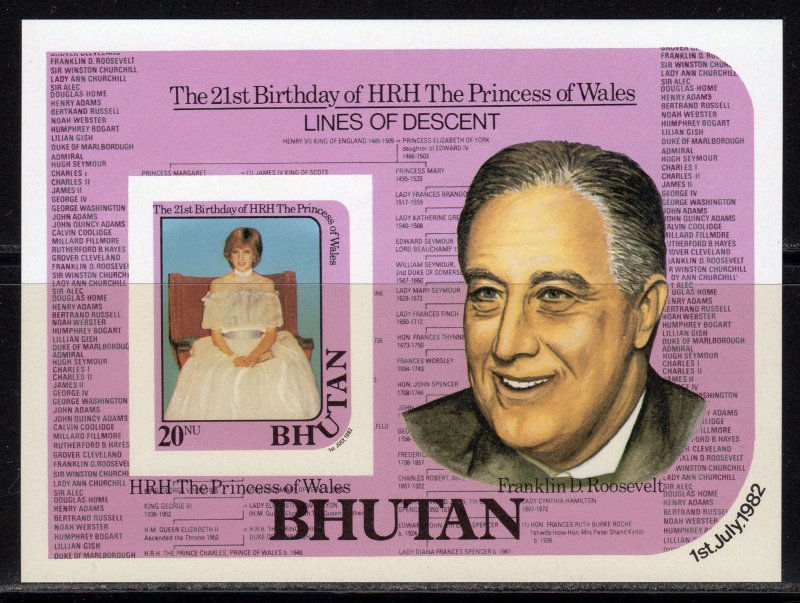 Bhutan 1982 Sc#334 PRINCESS DIANA 21st.BIRTHDAY/ROOSEVELT S/S IMPERFORATED MNH