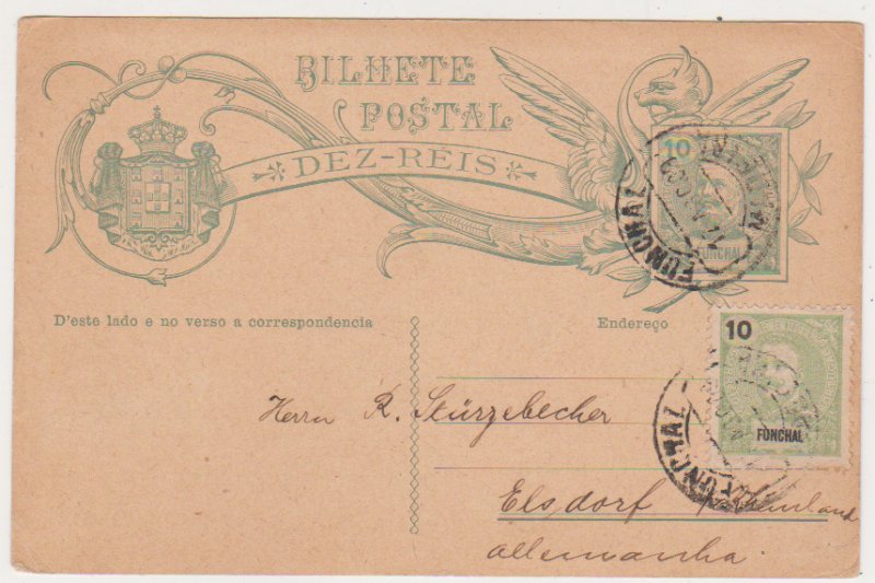 Funchal Madeira 1909s 10R Postal Card Uprated with 10R Used H&G # 19