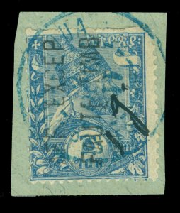 ETHIOPIA 1911 King Menelik II SURCH. & HANDSTAMPED   1g blue  Scott # 96 used VF