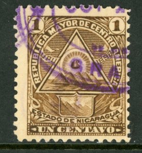 Nicaragua 1896 Seebeck 1¢ Coat of Arms Unwmk VFU B901   ⭐⭐⭐⭐⭐⭐