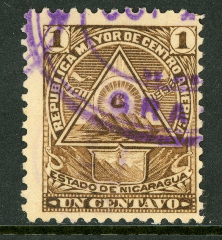 Nicaragua 1896 Seebeck 1¢ Coat of Arms Unwmk VFU B901   ⭐⭐⭐⭐⭐⭐