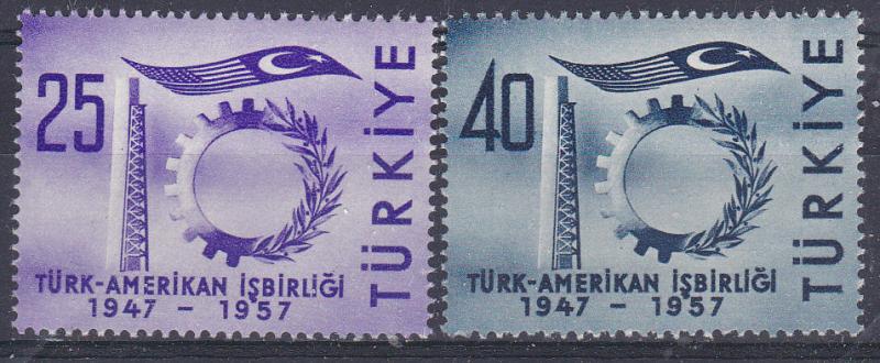 TURKEY 1246-47 MNH 1957 INDUSTRY SYMBOLS-FLAGS