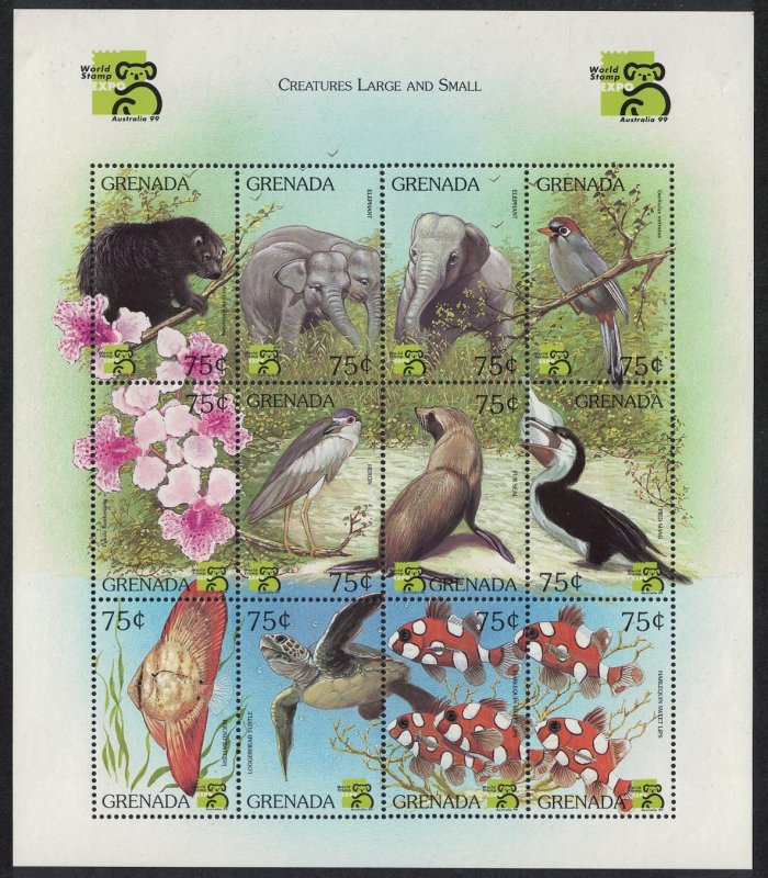 Grenada Birds Elephant Turtle Sheetlet of 12v 1999 MNH SG#3762-3773