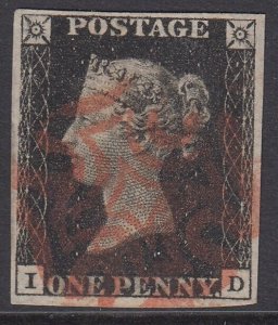 SG 2 1d black plate 8 lettered ID. Very fine used with a red Maltese cross...