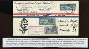 1938 REGISTERED TRANS-PACIFIC CROSSING #211 GUAM TO MANILA SIGNED COVER (922M)