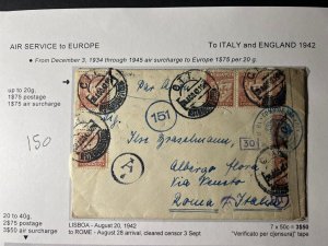 1942 Portugal Airmail Postcard Cover Lisbon to Rome Italy