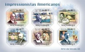 Mozambique - American Impressionist Art - 6 Stamp  Sheet 13A-631
