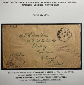 1941 Nairobi Kenya Royal Air Force Censored Airmail Cover to Portadown Ireland