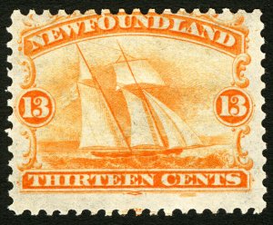 Newfoundland #30 1865-1894 13c Orange Sailing Ship Mint Lightly Hinged OG Fresh