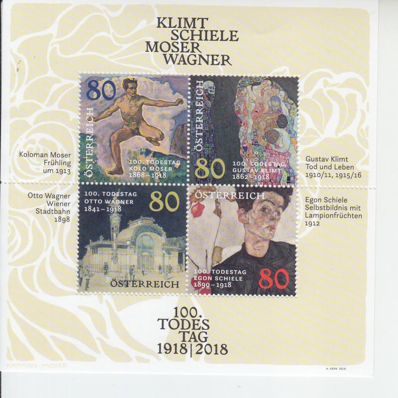 2018 Austria Deaths of Klimt, Schiele, Moser, Wagner MS4 (Scott 2753) MNH