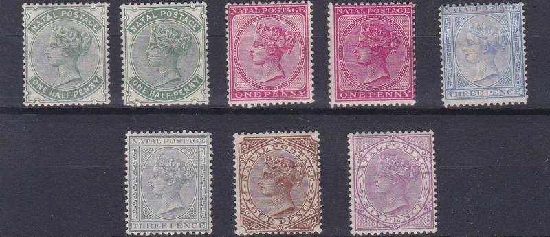 NATAL  1882 - 89   S G 97 - 103  VARIOUS VALUES TO 6D MAUVE    MH  CAT £325