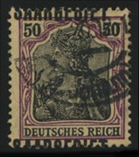 Saar #52a (Mi. 38DD) Cat€500, 1920 50pf purple and black, double overprint,...