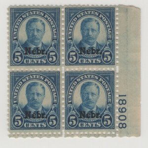 #674 Plate Block of 4 - 5c Nebr. OG NH Gum Glazing F-VF CV. $400 (JH 5/5/21) GP