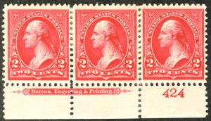 US #279B 2c Washington, Plate Strip of 3, XF mint hinged, BIG STAMPS! CHOICE!