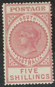 SOUTH AUSTRALIA 1904 QV THICK POSTAGE 5/- PALE ROSE WMK CROWN/SA PERF 12.5  