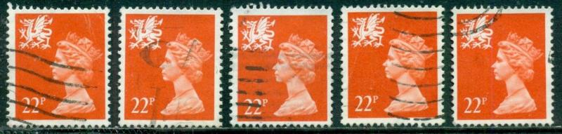 GREAT BRITAIN WALES SG-W56, SCOTT # WMMH42, USED, 5 STAMPS, GREAT PRICE!